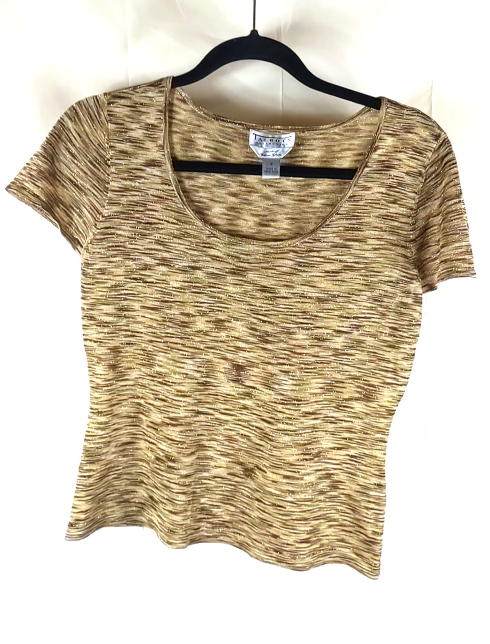 Talbots Collection Women's Shirt Size Small Short Sleeve Brown Gold Metallic